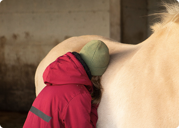 Person lener seg mot hest